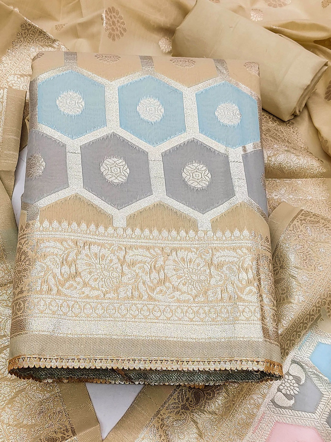 

Ishin Ethnic Motifs Woven Design Unstitched Dress Material, Beige