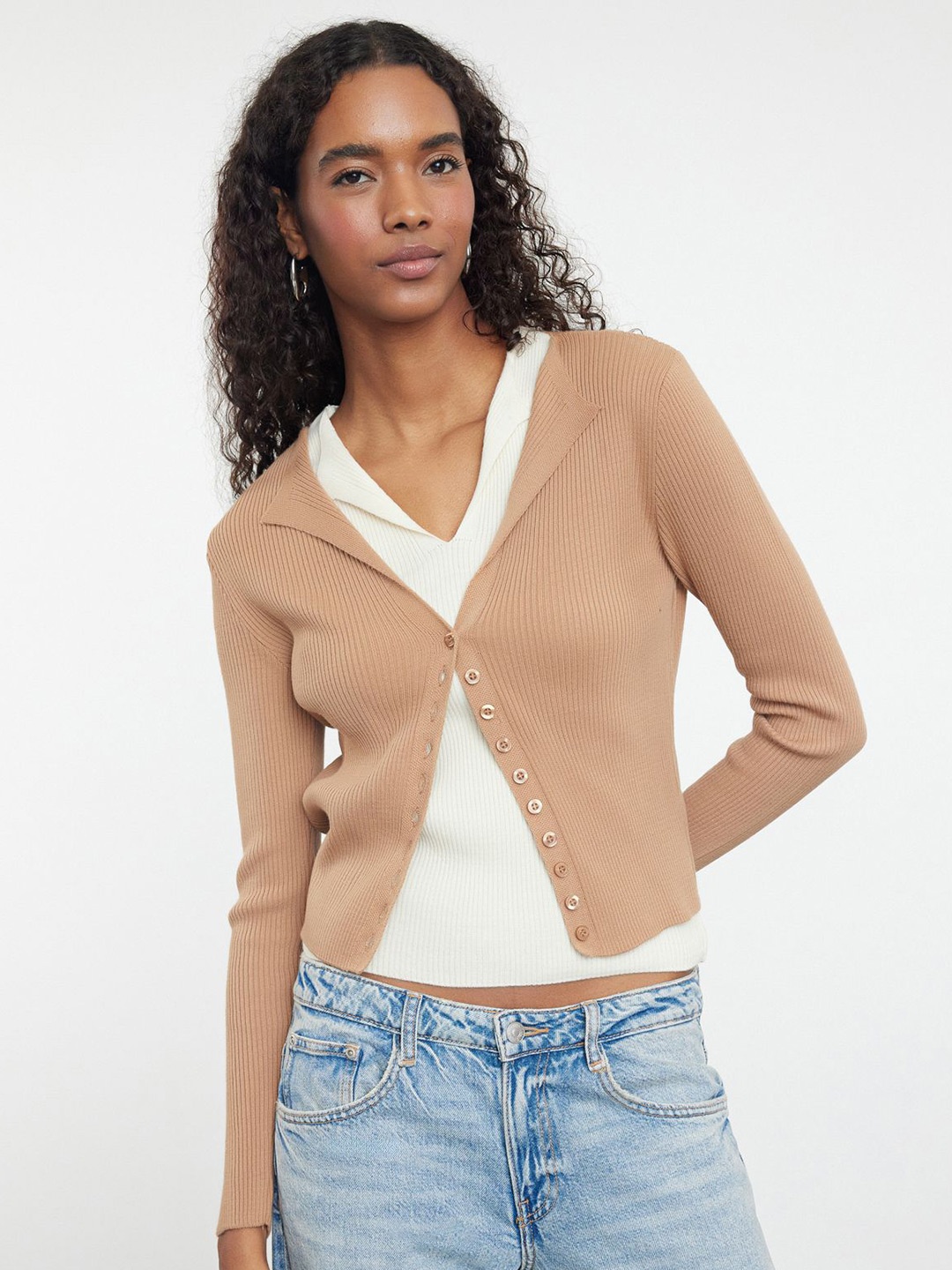 

Trendyol Women Striped Cardigan, Camel brown
