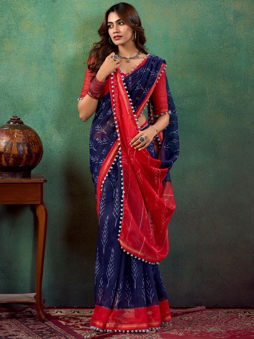 

Saree mall Floral Printed Bagh Embellished Saree, Navy blue