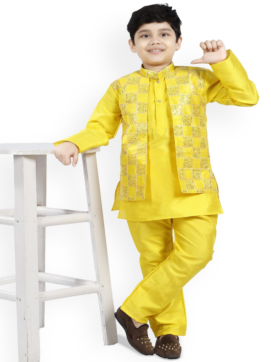 

BAESD Boys Checked Embroidered Mandarin Collar Straight Art Silk Kurta With Pyjamas, Yellow