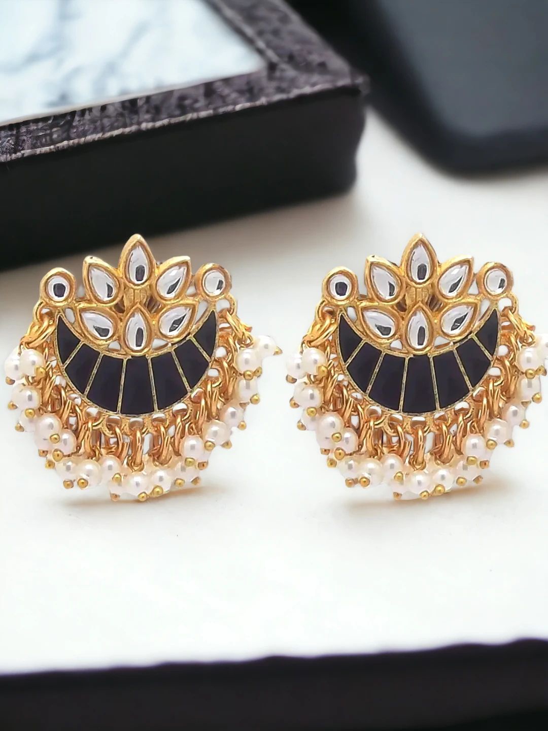 

9blings Gold Plated Stone Beaded Crescent Shaped Meenakari Chandbalis