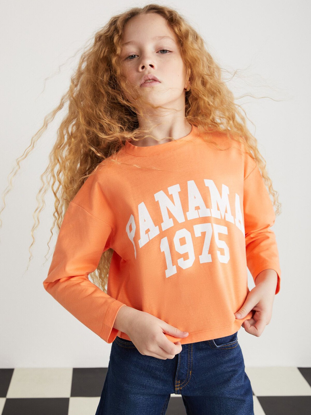 

GRIMELANGE Girls Typography Printed Round Neck Cotton Boxy Fit T-shirt, Orange