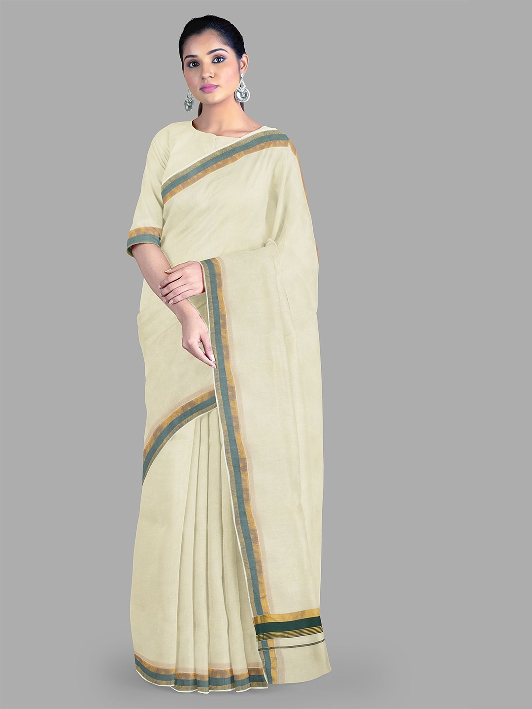 

The Chennai Silks Zari Pure Cotton Kasavu Saree, Off white