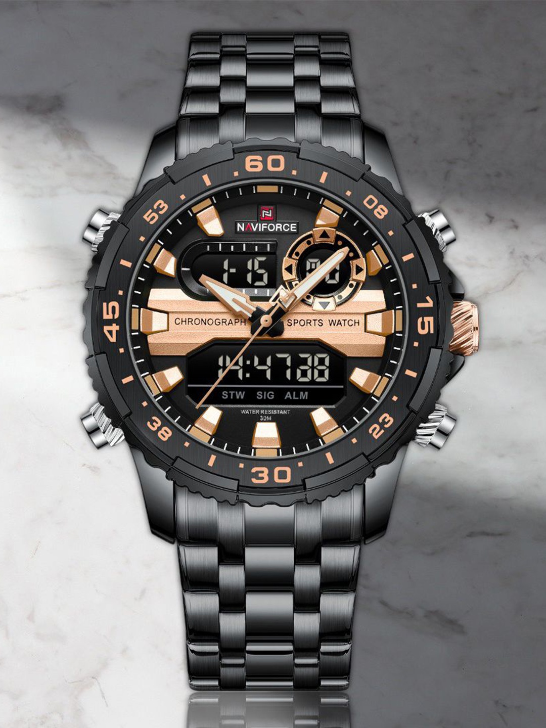 

Naviforce Men Brass Dial & Stainless Steel Straps Analogue and Digital Multi Function Watch NF9234 BRGB, Black