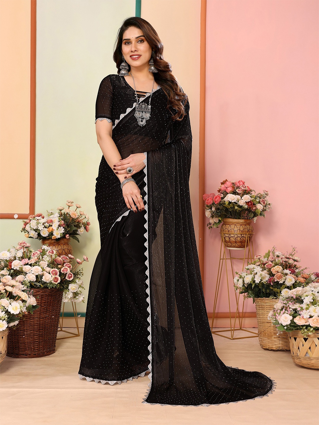 

The Textile Hub Embellished Beads and Stones Pure Silk Saree, Black