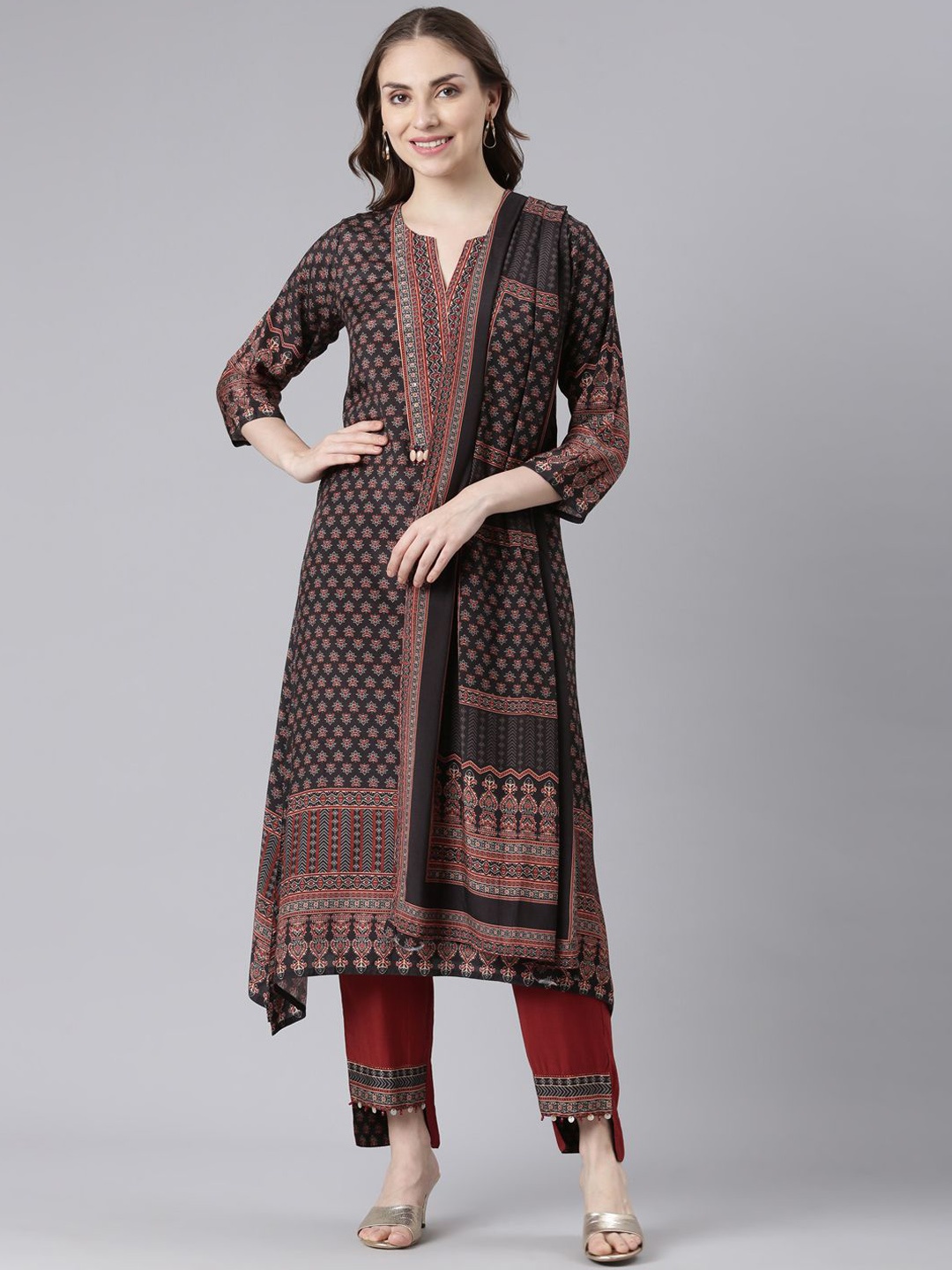 

Neerus Floral Printed A Line Kurta & Trousers With Dupatta, Black
