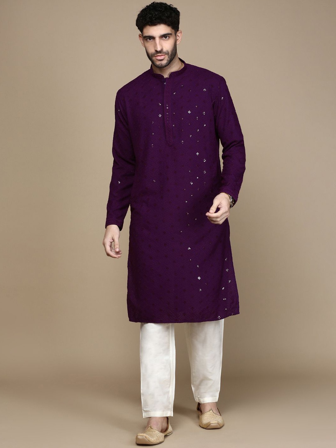 

Rishika Geometric Embroidered Sequinned & Thread Work Straight Kurta with Pyjamas, Purple