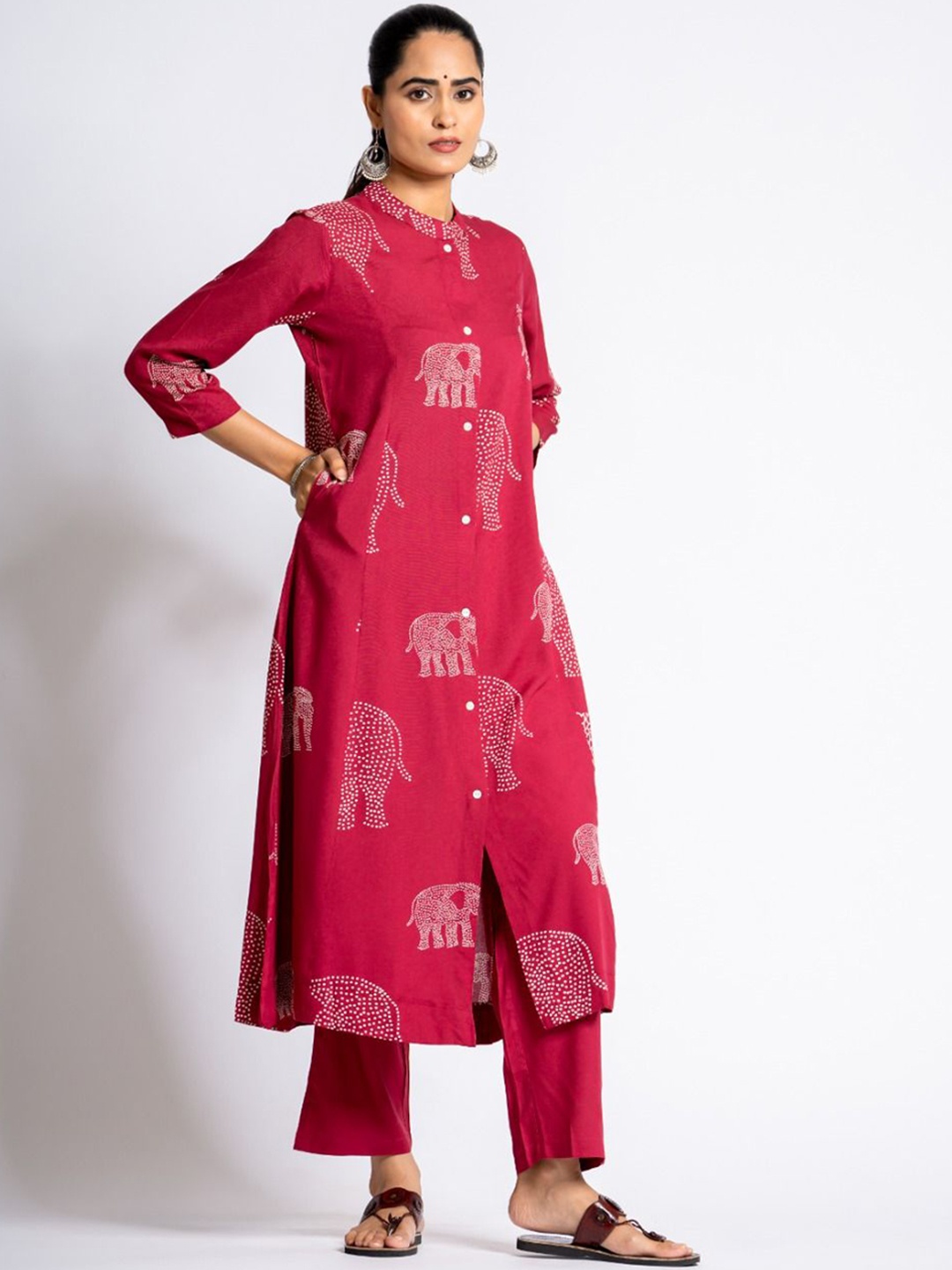

KALINI Ethnic Motifs Printed Panelled A-Line Kurta With Trousers, Pink