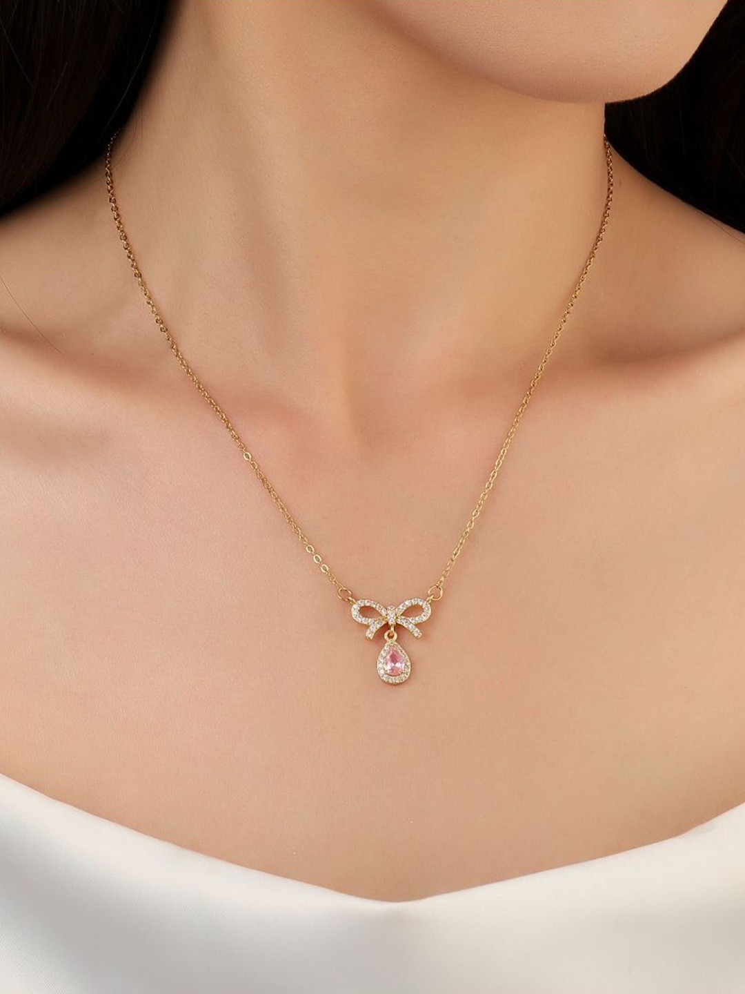 

SALTY Stainless Steel Stones Studded Bow Drop Chain, Gold