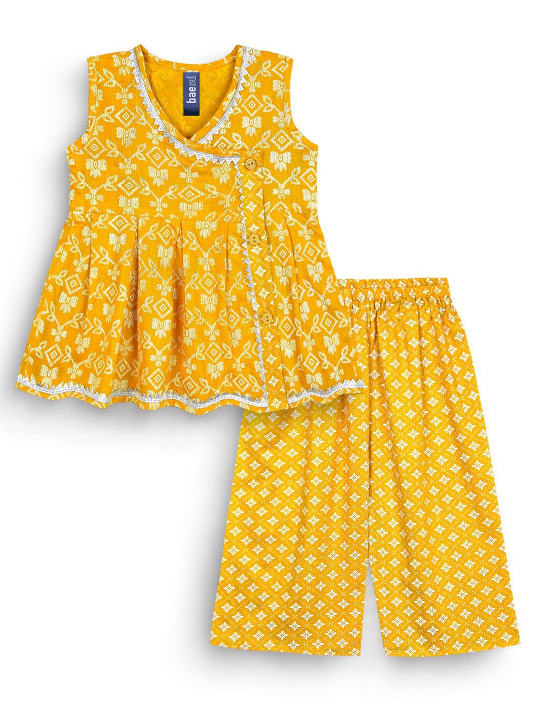 

BAESD Girls Printed V-Neck Gotta Patti Tunic With Trousers, Yellow