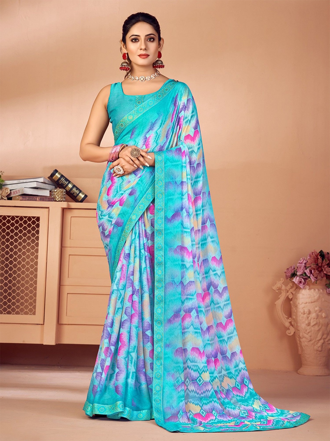 

KALINI Zari Woven Design Border Abstract Printed Saree, Blue