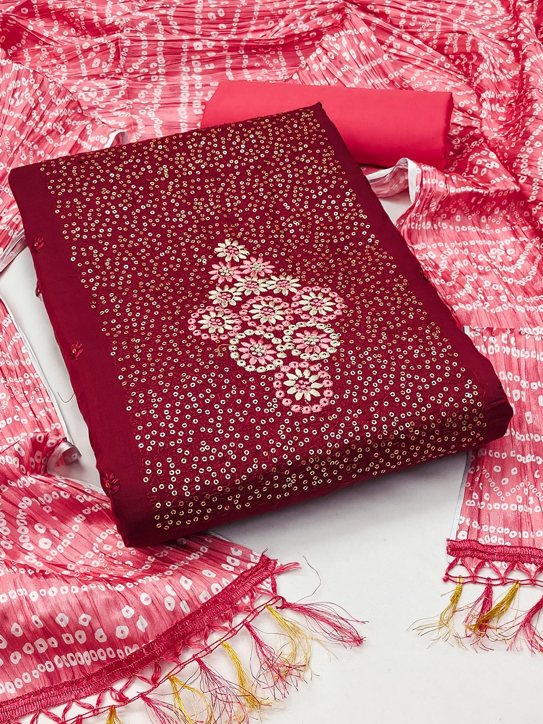 

Ishin Floral Embroidered Sequinned Unstitched Dress Material, Maroon