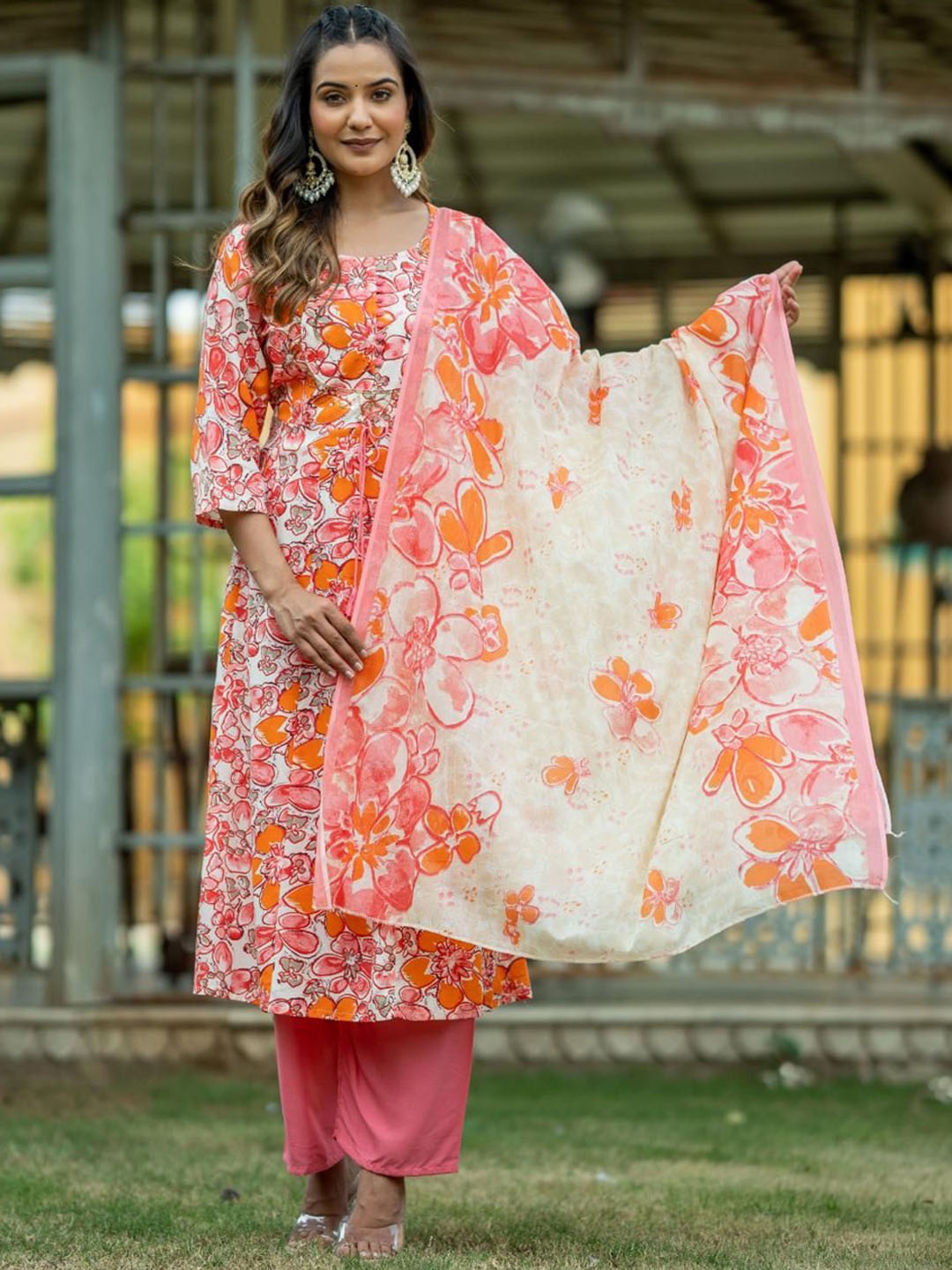 

KALINI Floral Printed Pure Cotton Anarkali Kurta with Trousers & With Dupatta, Pink