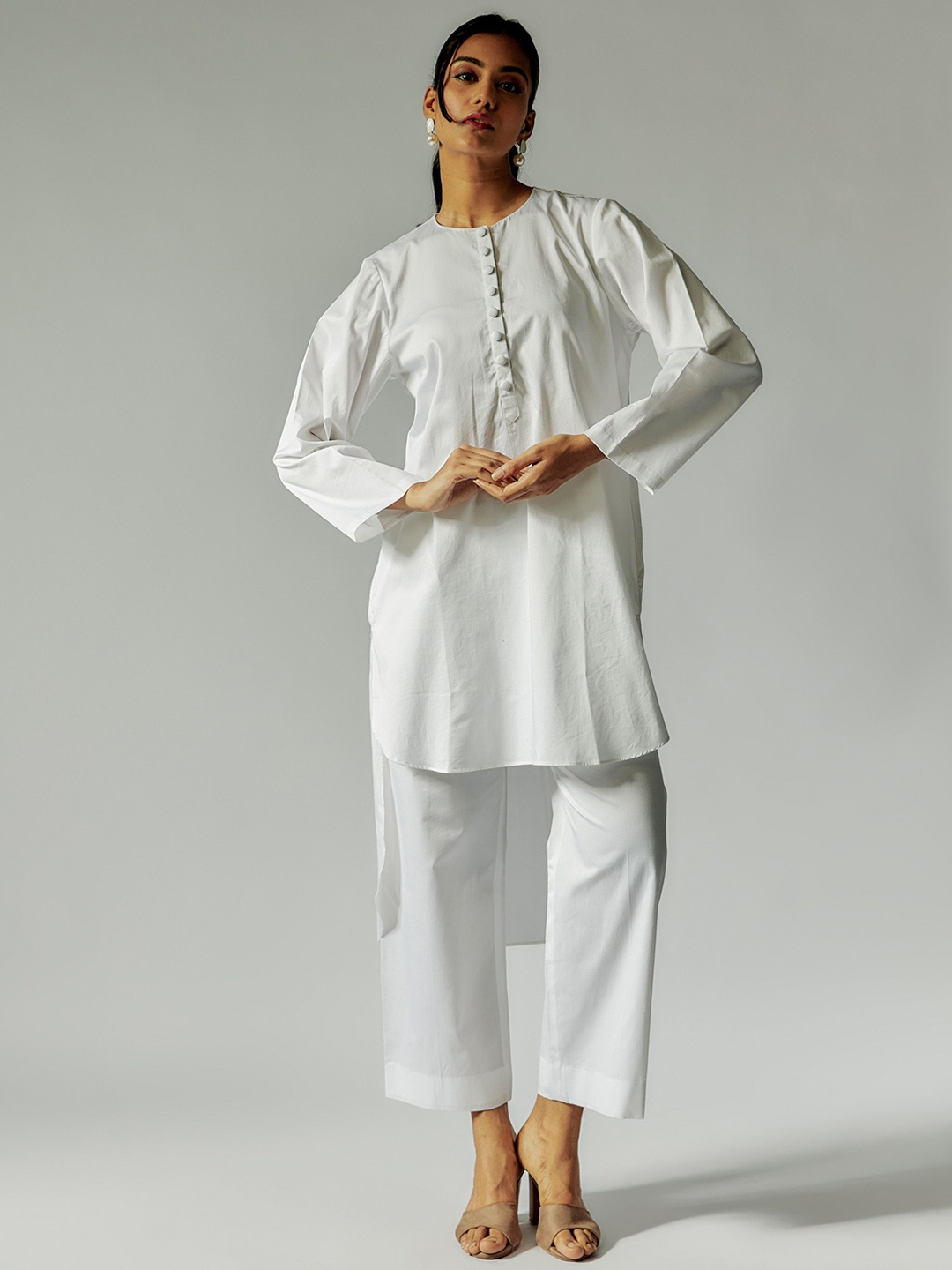 

Maisolos Round Neck Cotton Linen Tunic With Trousers, White