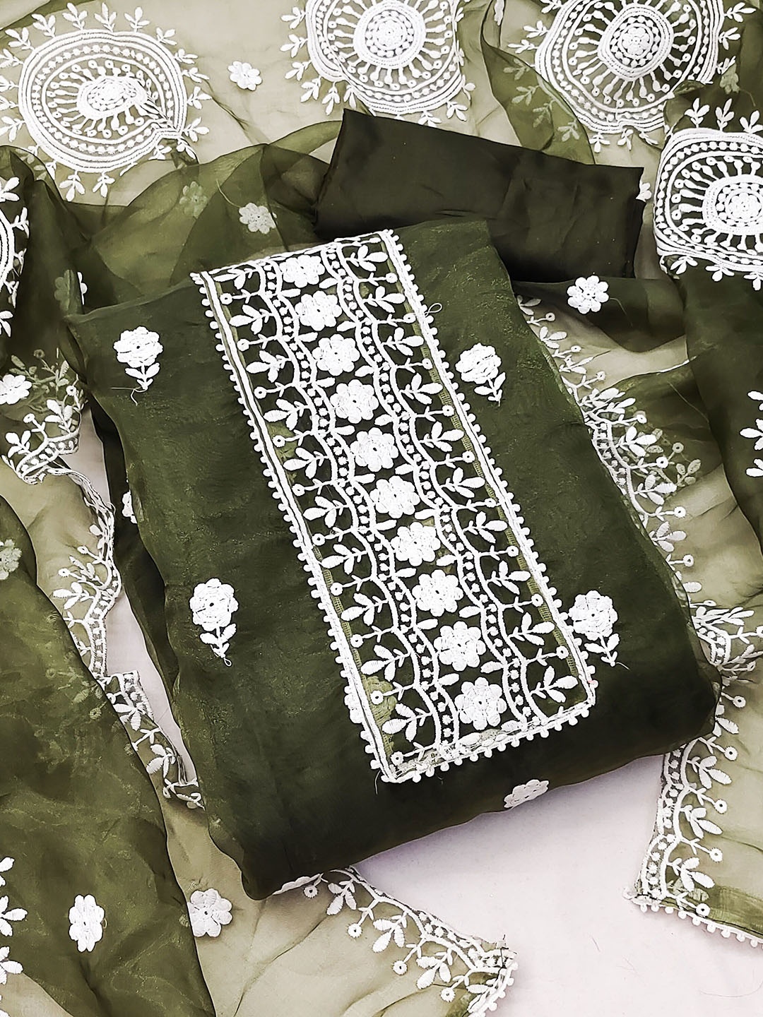 

Ishin Floral Embroidered Organza Unstitched Dress Material, Green