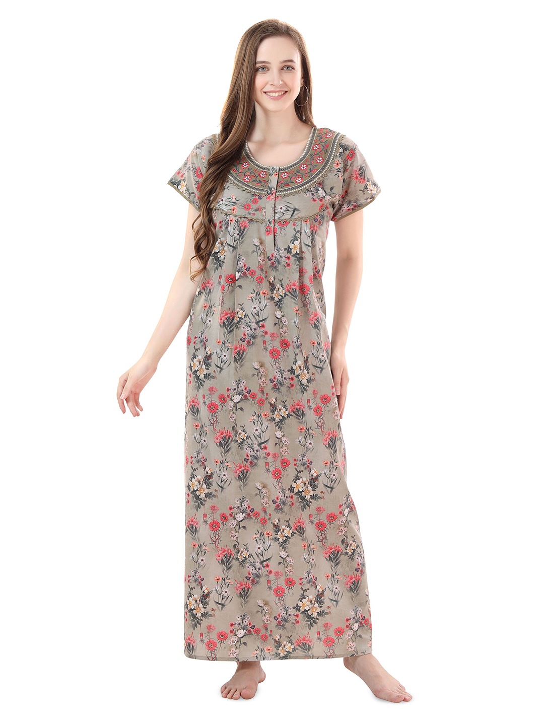 

Soulemo Floral Printed Embroidered Maxi Nightdress, Grey
