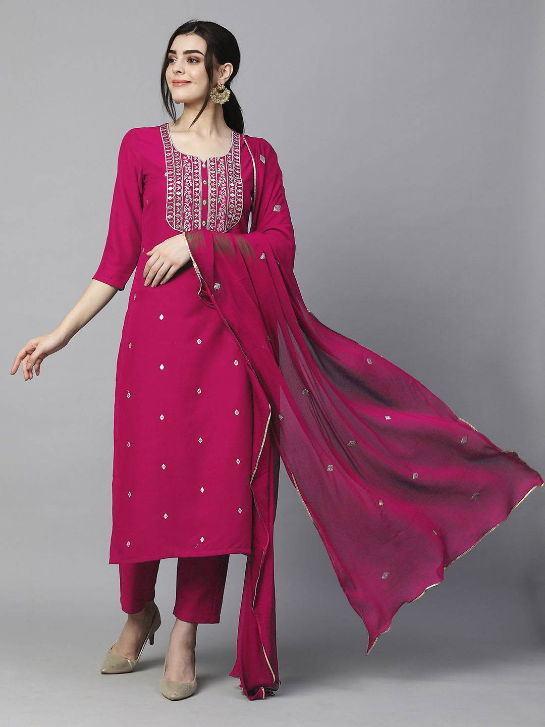 

Anni Designer Floral Embroidered Straight Kurta With Trouser & Dupatta, Pink