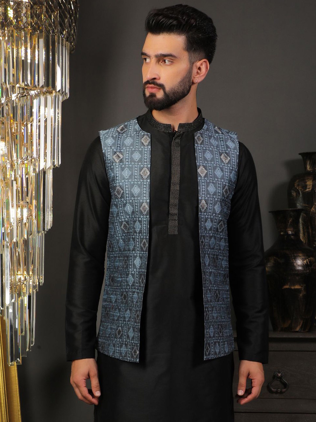 

DEYANN Men Printed Mandarin Collar Nehru Jacket, Blue