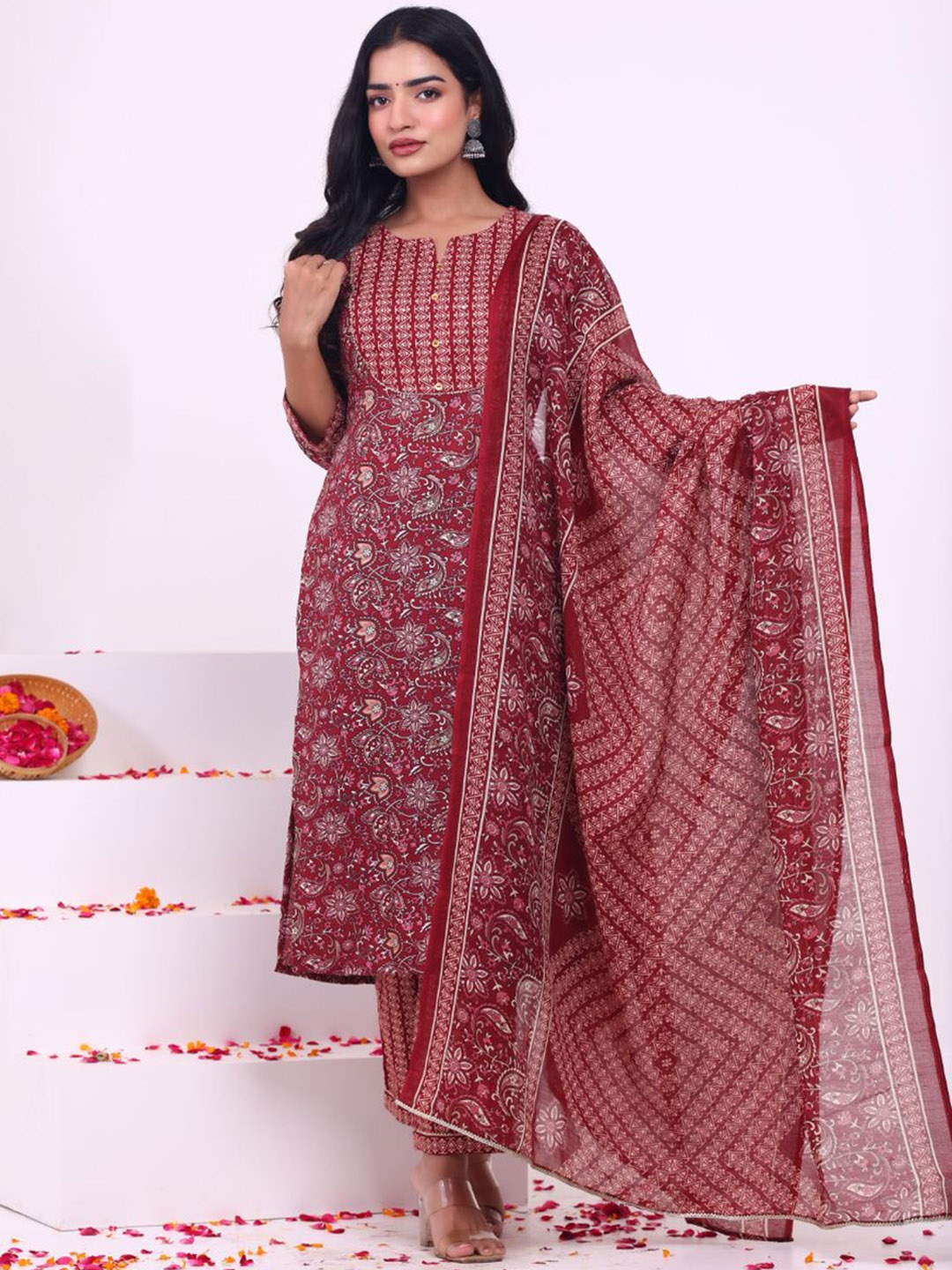 

MYAZA Floral Printed Gotta Patti Kurta with Trousers & Dupatta, Maroon