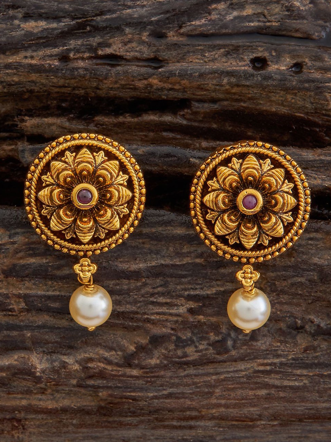 

Kushal's Fashion Jewellery Ruby Gold-Plated Circular Studs Antique Earrings, Red