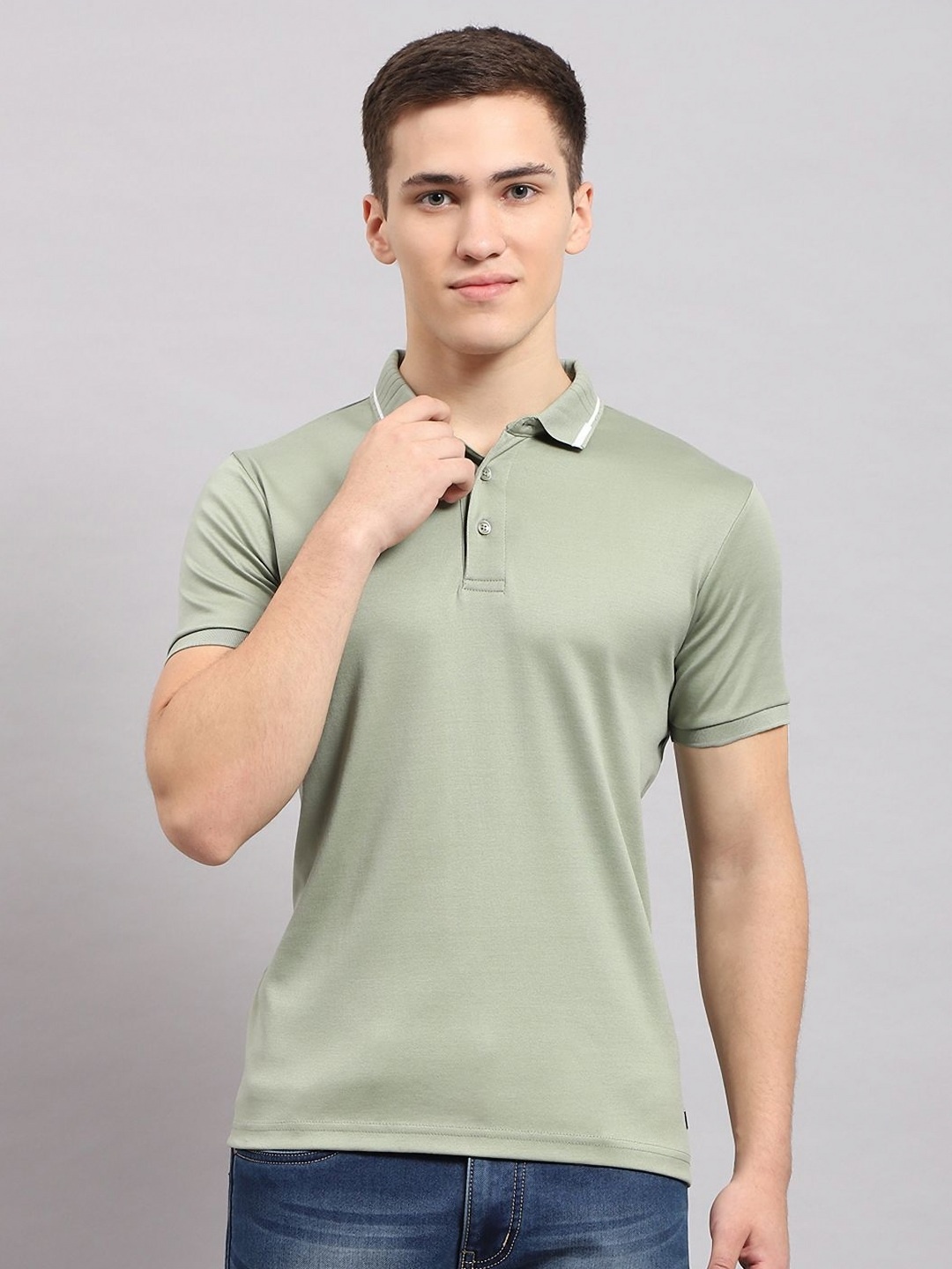 

Monte Carlo Men Solid Polo Collar Cotton T-shirt, Olive