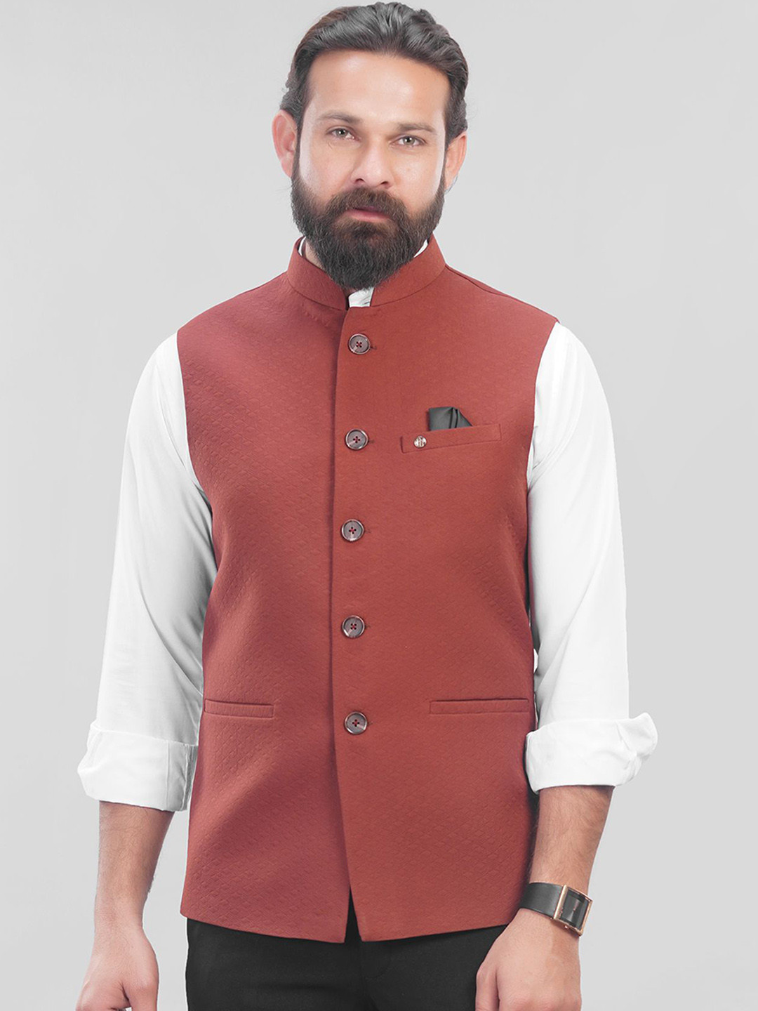 

LA'SCOOT Printed Mandarin Collar Nehru Jacket, Brown