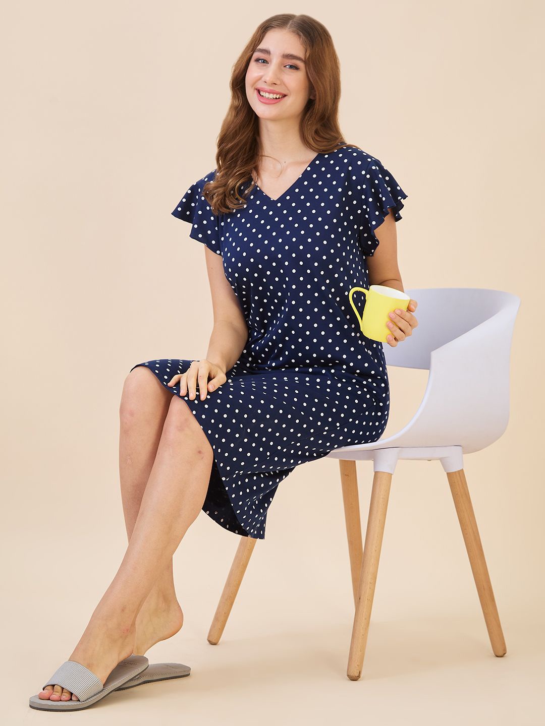 

AV2 Women Polka Dot Printed Flared sleeve Nightdress, Navy blue