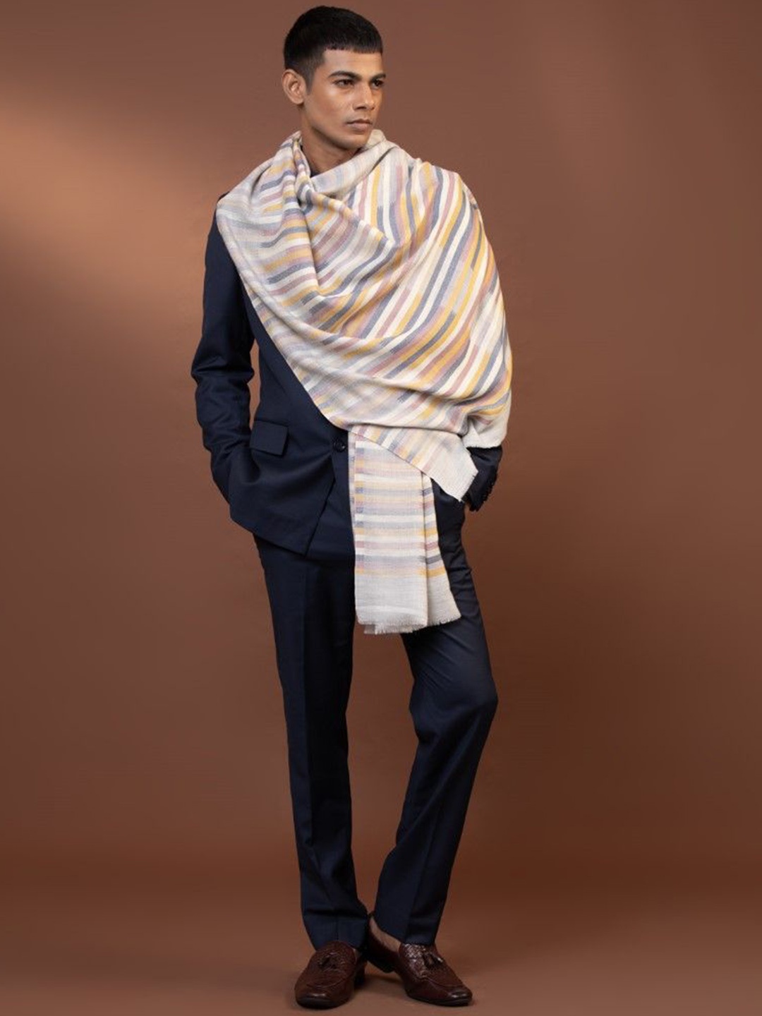 

MODARTA Striped Woolen Fringed Border Shawl, White