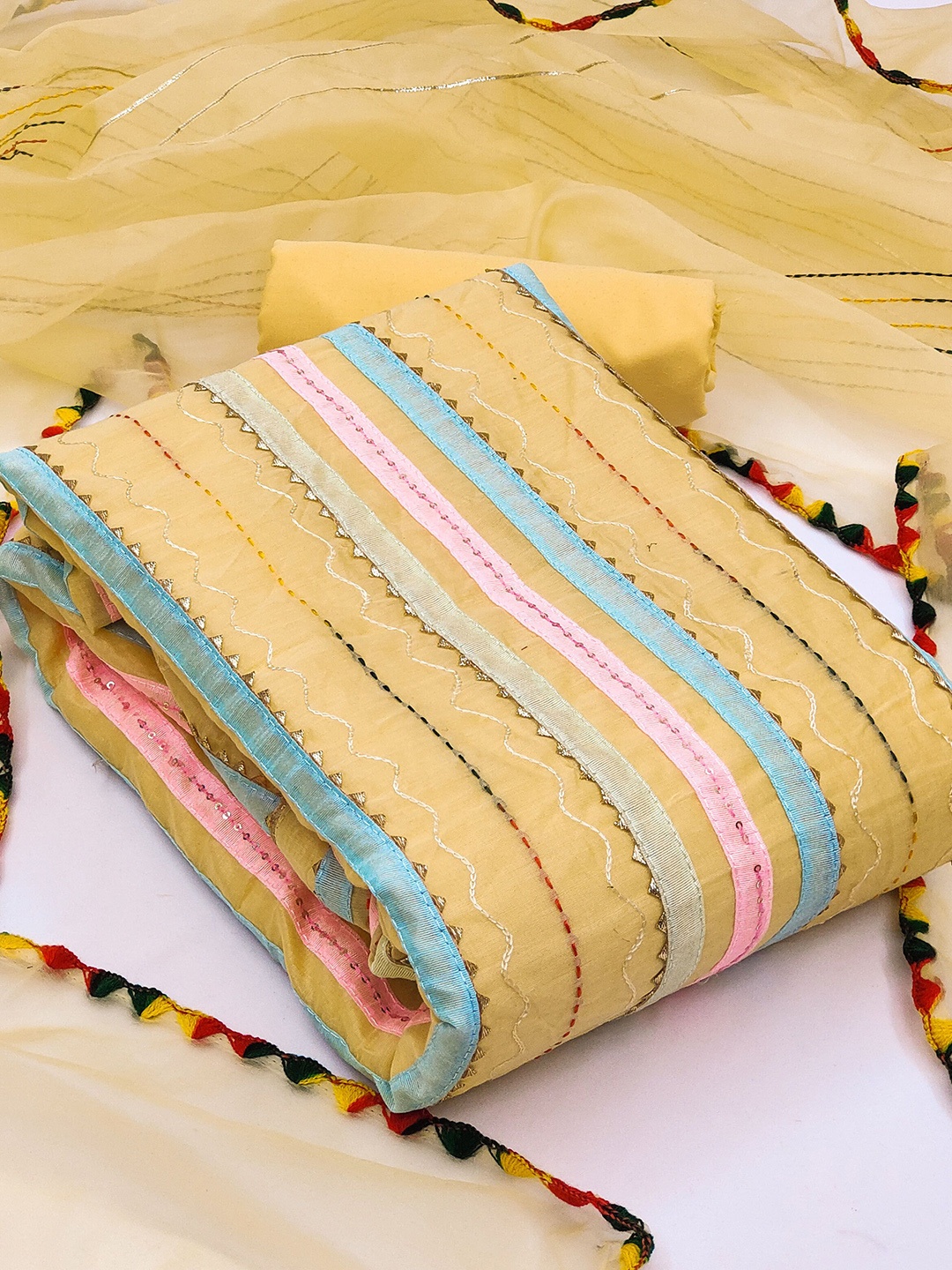 

Ishin Striped Embroidered Unstitched Dress Material, Yellow