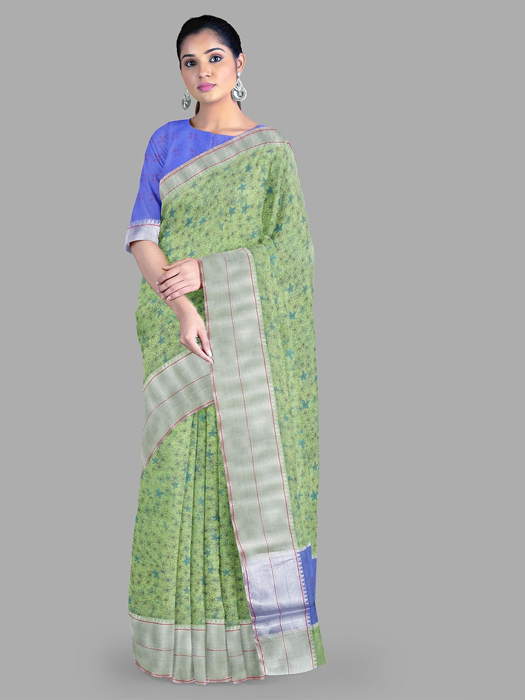

The Chennai Silks Floral Zari Pure Cotton Chanderi Saree, Green