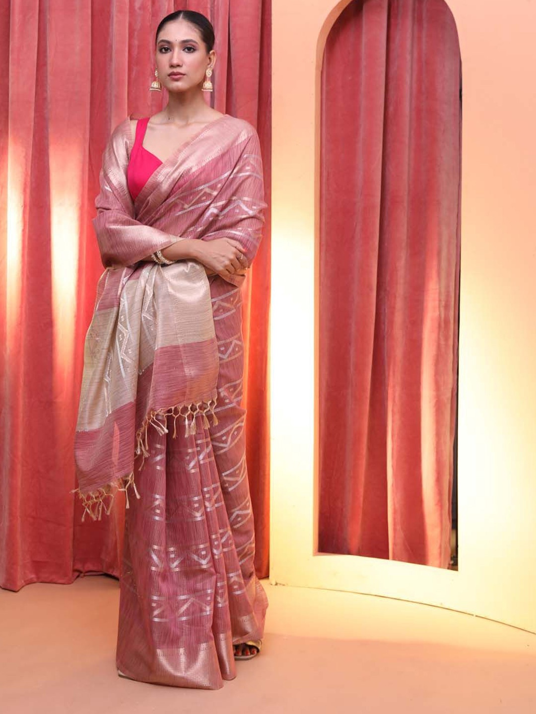 

Indethnic Ethnic Motifs Zari Art Silk Banarasi Saree, Pink