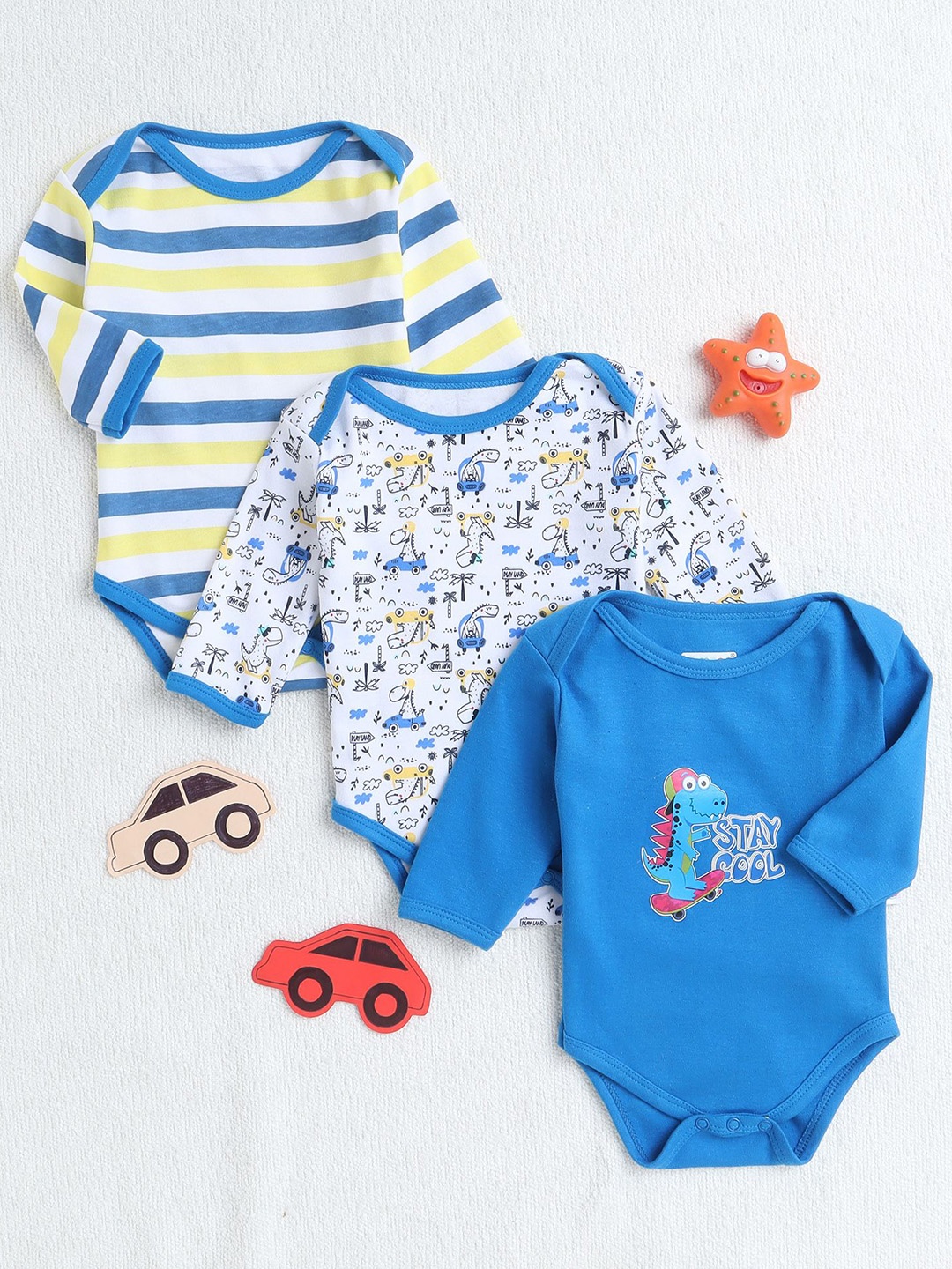 

BUMZEE Infant Boys Pack Of 3 Printed Cotton Bodysuits, Blue