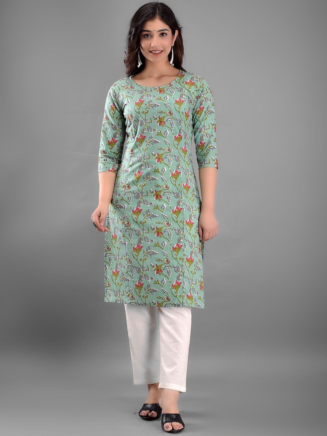 

Kaheksa Floral Printed Cotton Maternity Straight Kurta, Green
