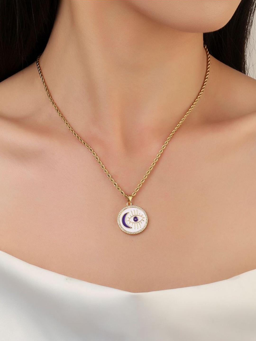 

SALTY Stainless Steel Stone Studded Pendant With Chain, Gold