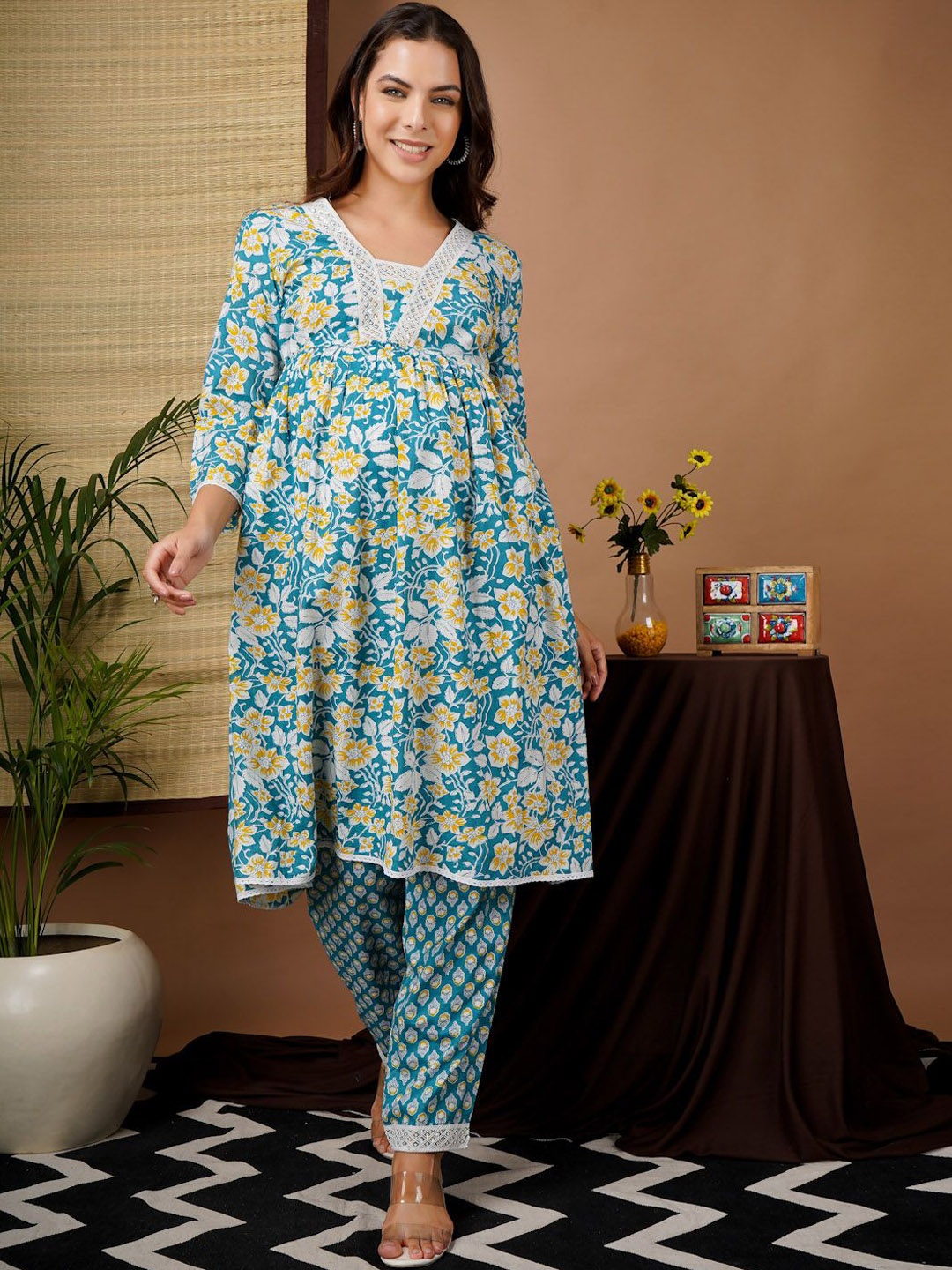 

angloindu Floral Printed Regular Maternity Pure Cotton A-Line Kurta with Trousers, Blue