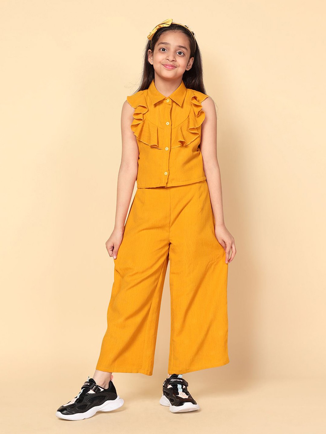 

BAESD Girls Sleeveless Shirt Collar Top with Palazzo Clothing Set, Mustard