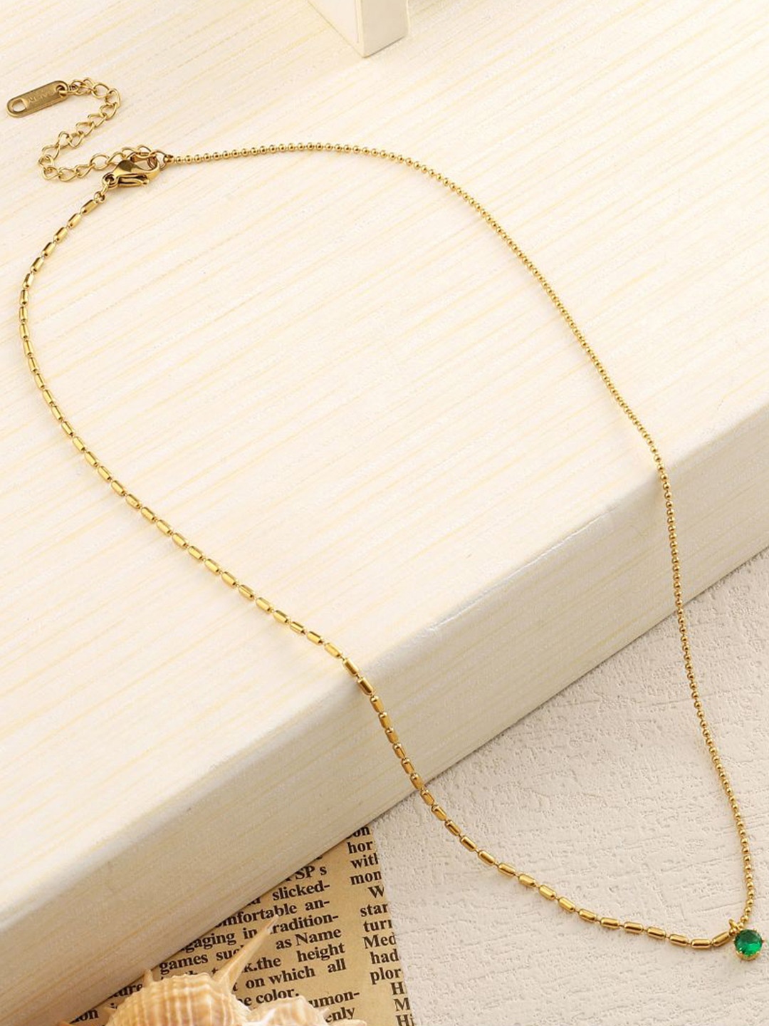 

SALTY Stainless Steel Artificial Stones Pendant With Chain, Gold