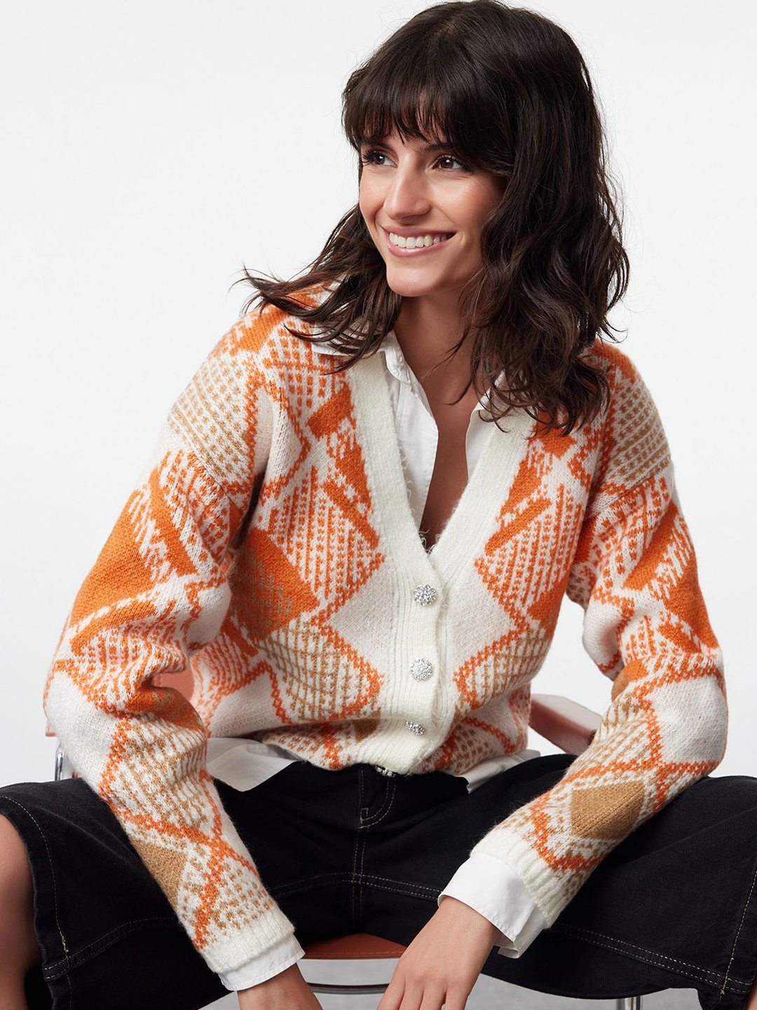 

Trendyol Women Printed Crop Cardigan, White