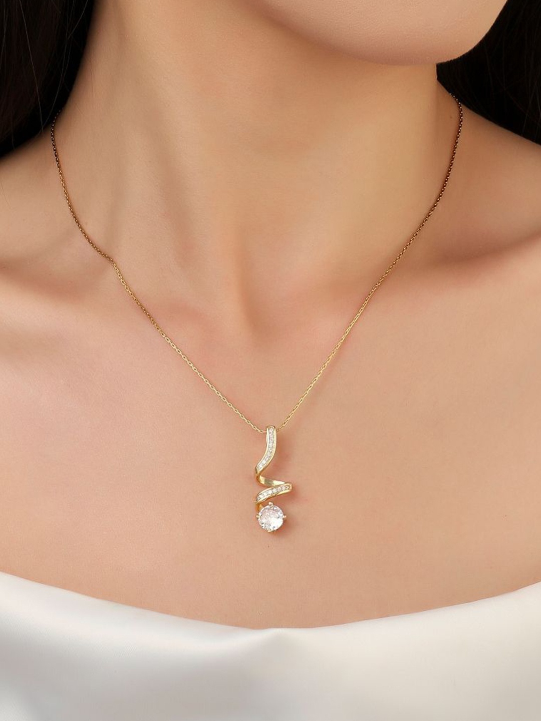 

SALTY Stainless Steel Stone Studded Unwrap Solitaire Pendant With Chain, Gold