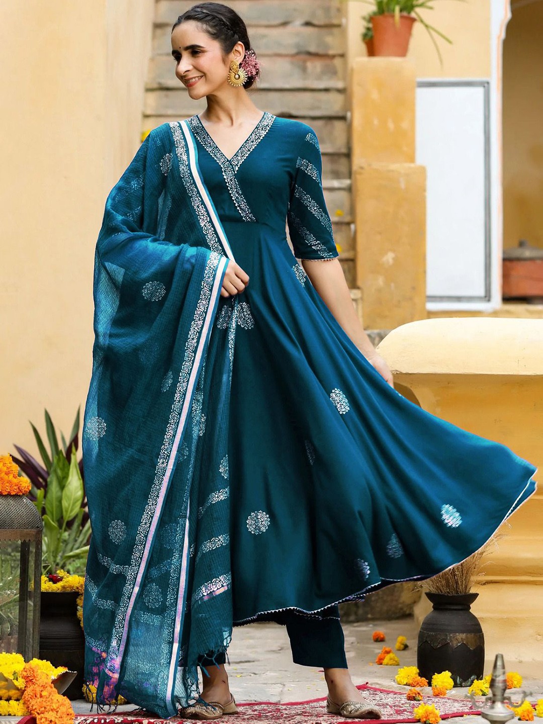 

Anni Designer Ethnic Motifs Printed Anarkali Kurta With Trousers & Dupatta, Blue