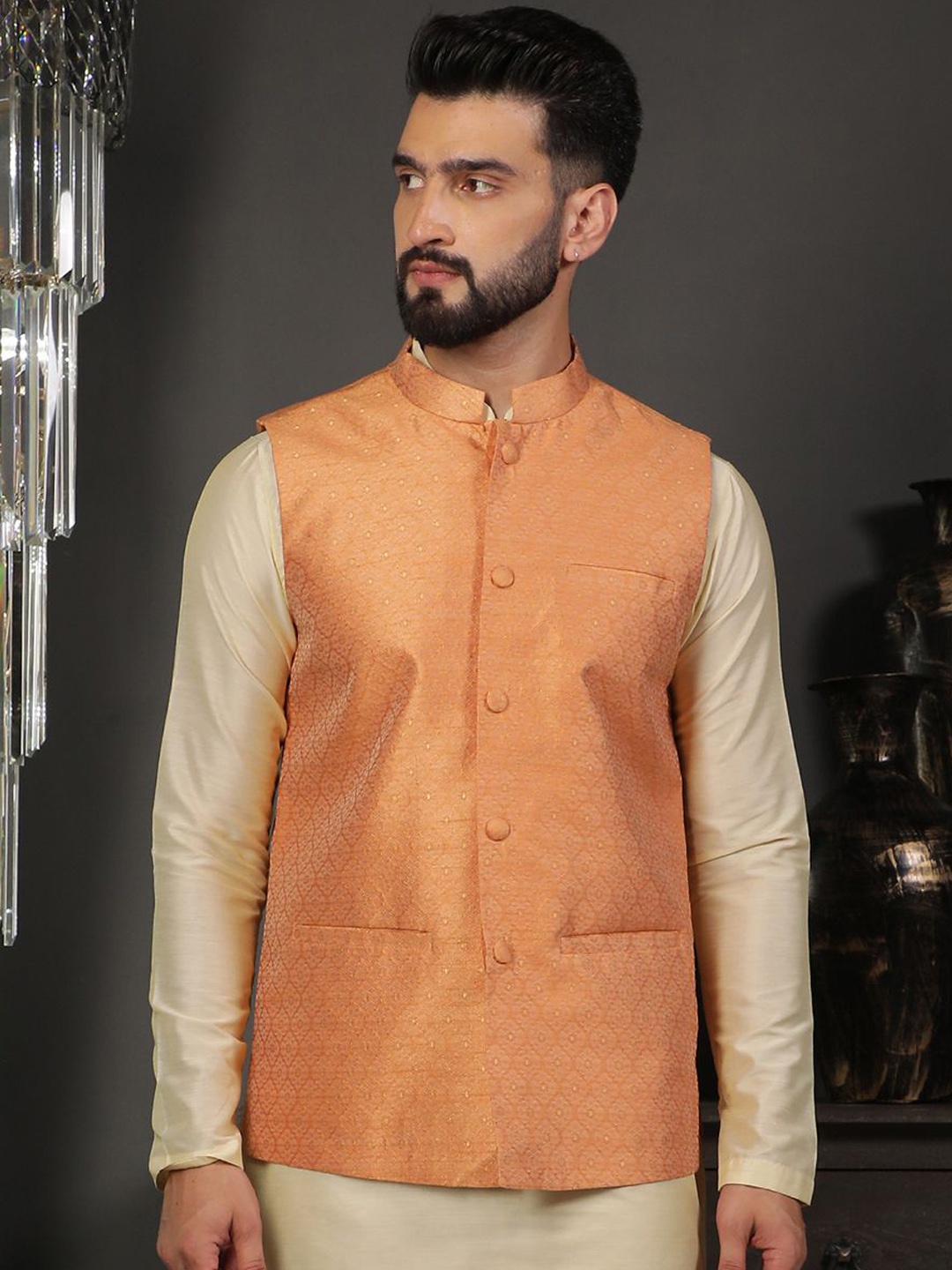 

DEYANN Men Woven Design Mandarin Collar Nehru Jacket, Orange