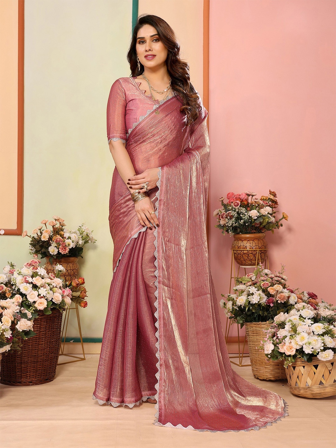 

The Textile Hub Embellished Beads and Stones Pure Silk Saree, Pink