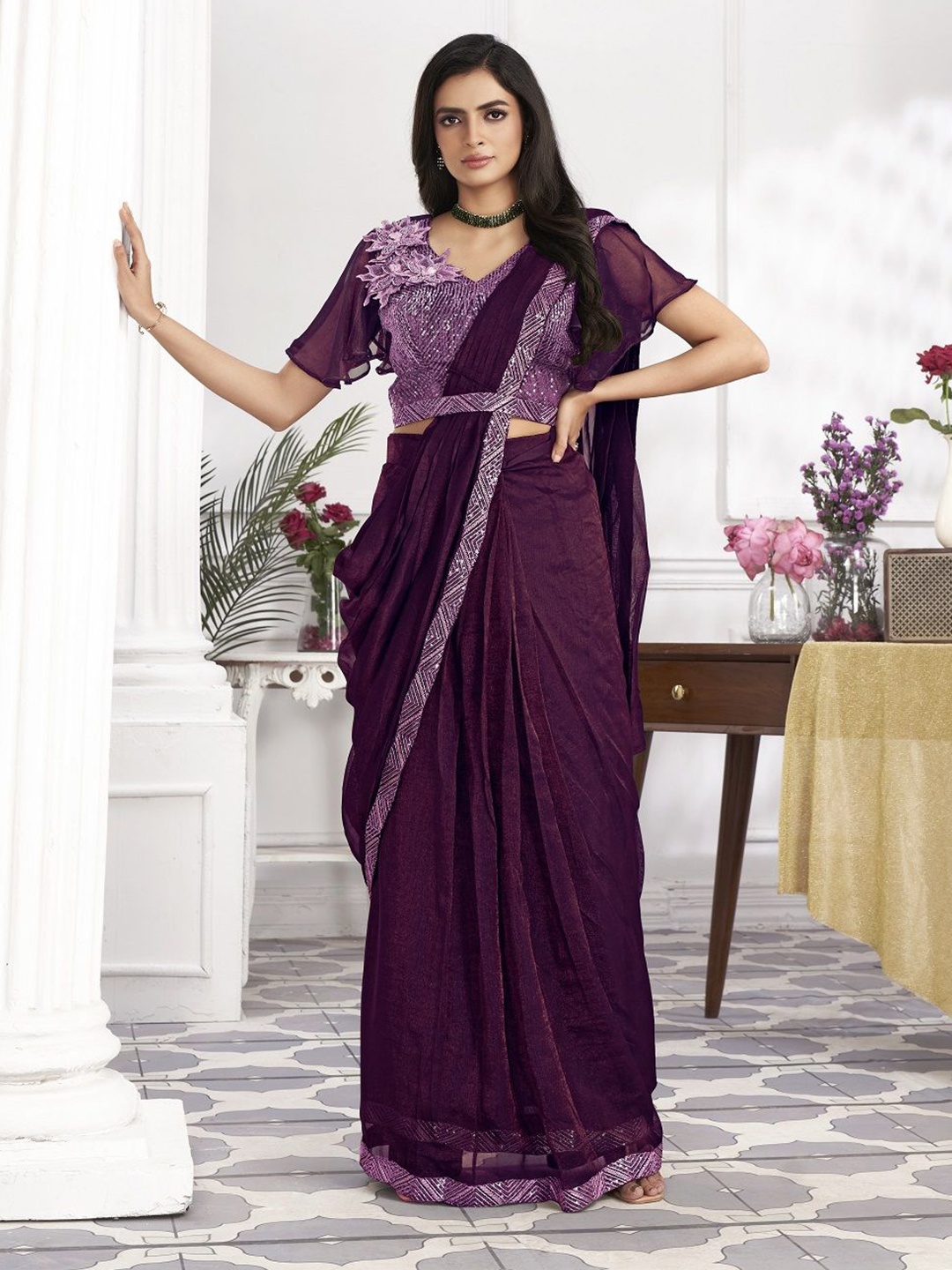 

JIVORA Embroidered Pure Georgette Ready to Wear Saree, Violet