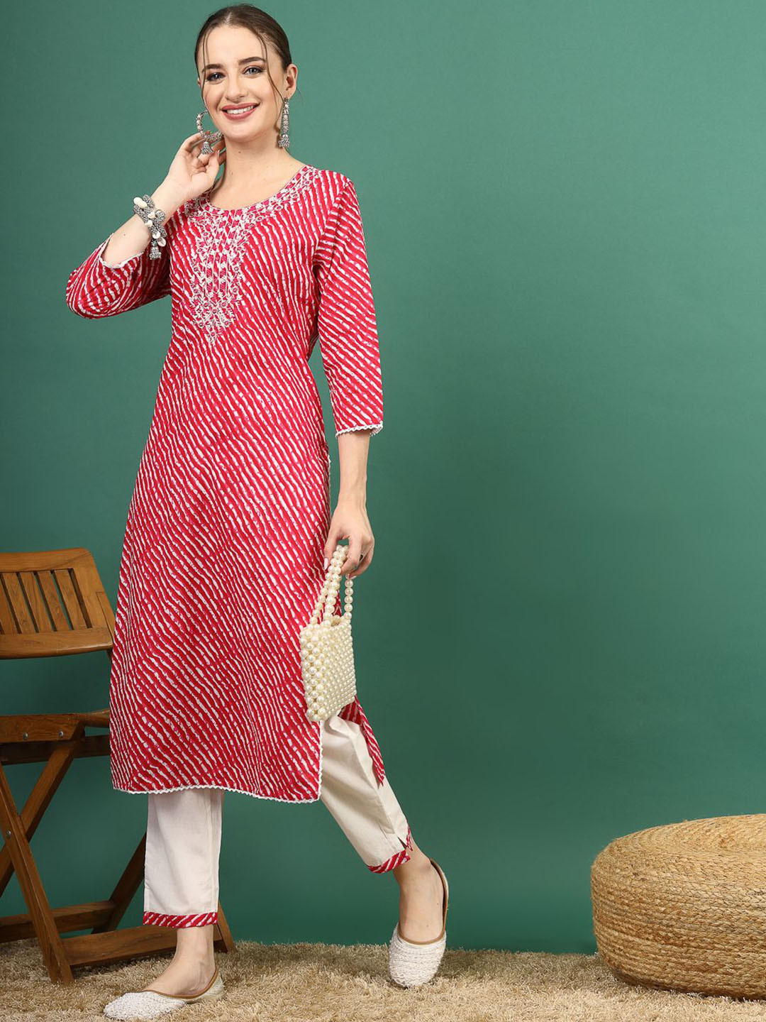 

Sangria Leheriya Embroidered Mirror Work Cotton Straight Kurta, Pink