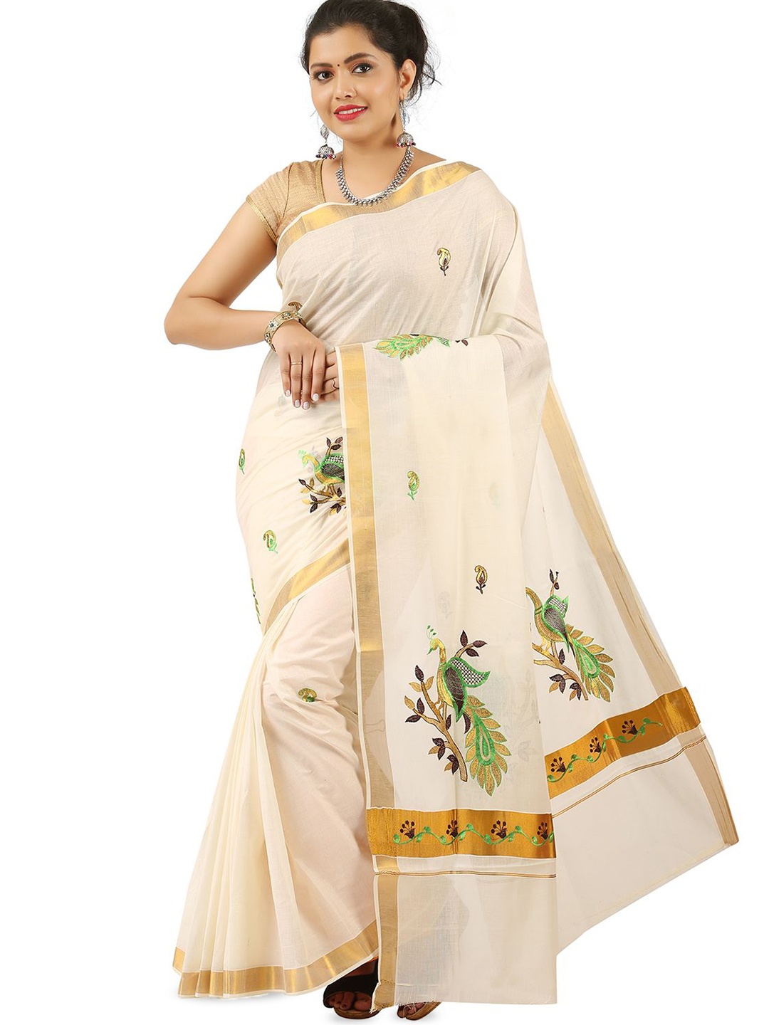 

Rst R Selvamani Tex Woven Design Zari Pure Cotton Kasavu Saree, Off white