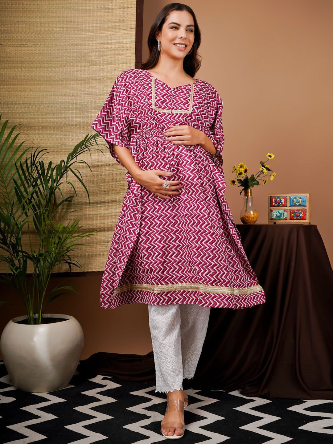 

angloindu Geometric Printed Regular Maternity Pure Cotton Kaftan Kurta with Trousers, Pink