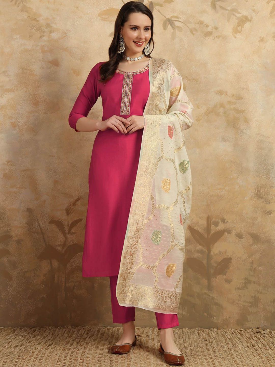 

KALINI Floral Yoke Design Chanderi Silk Straight Kurta With Trousers & Dupatta, Red