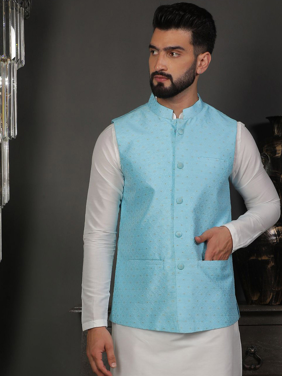 

DEYANN Men Printed Mandarin Collar Nehru Jacket, Blue