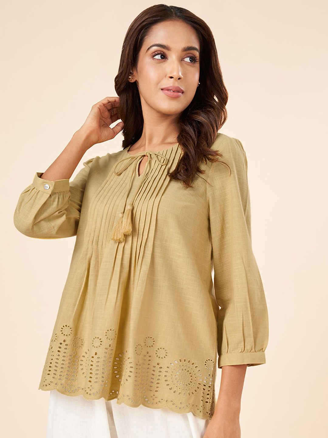 

AKKRITI BY PANTALOONS Embroidered Puff Sleeve Cotton Top, Khaki