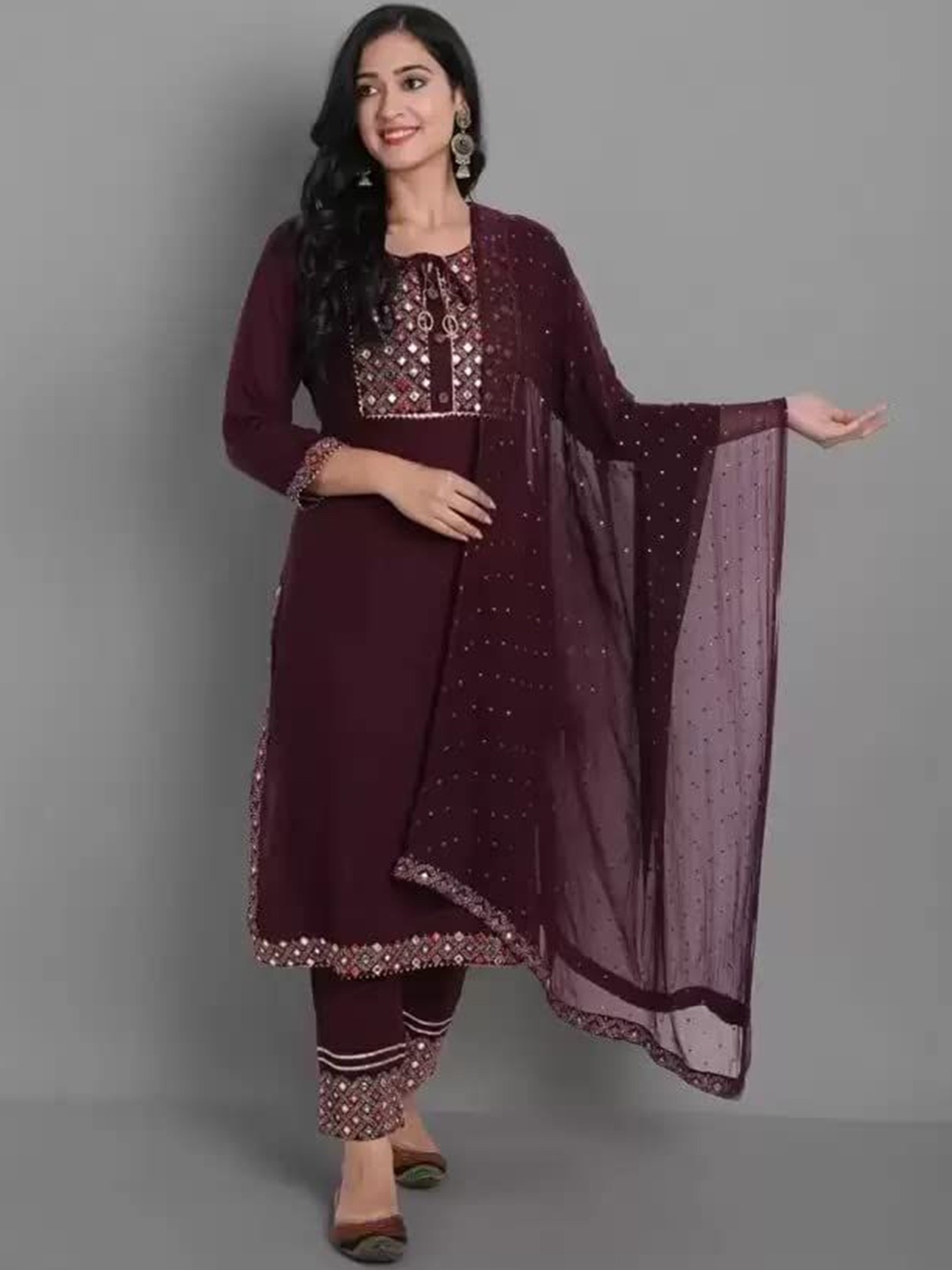 

KALINI Floral Printed Kurta With Trousers & Dupatta, Maroon